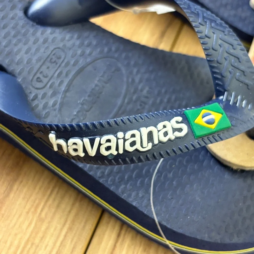 NEW HAVAIANAS Brazil Logo Flip Flops Navy Blue Kids Size 10C Summer Rubber